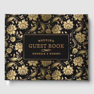 Svarta och Guld Blommigt Damask Mönster Gästböcker