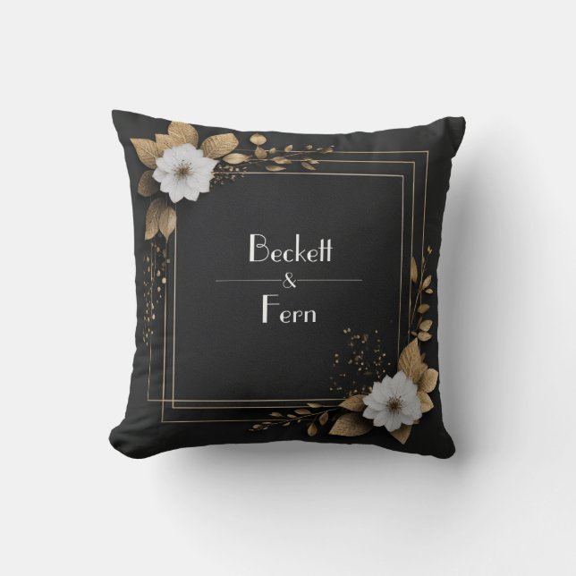 Svarta och Guld Blommigt med vita blommor Bröllop Kudde (Framsida)