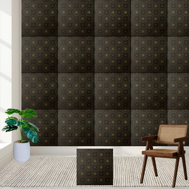 Svarta och Guld Blommigt och Kor Geometric Tile Kakelplatta (Black and Gold Floral and Cross Geometric Tile)
