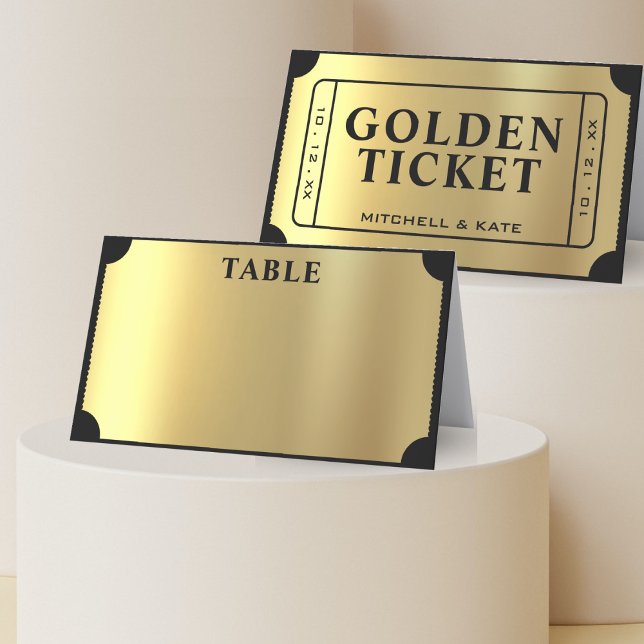 Svarta och Guld Bröllop Golden Ticket Placeringskort (Golden Ticket Black & Gold Wedding Place Card
)