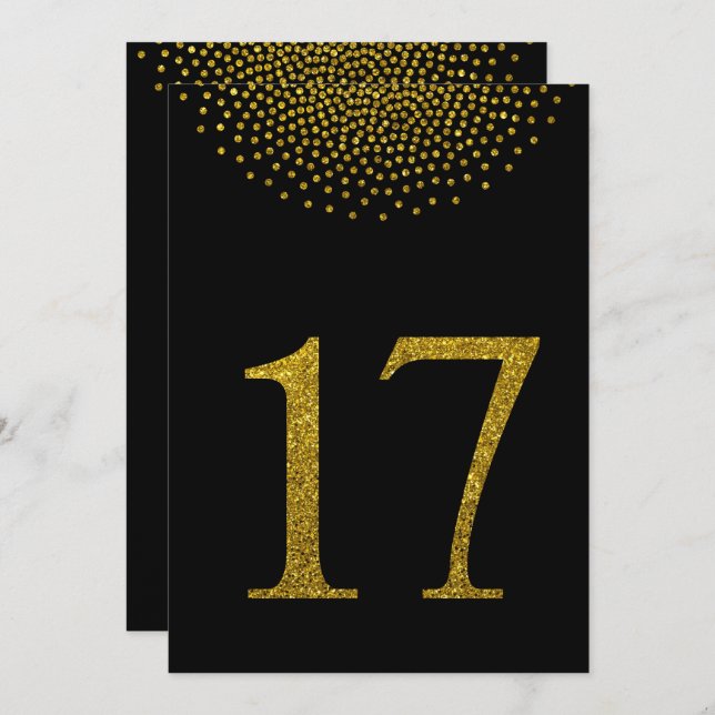 Svarta och guld bröllopsfest bord nummer inbjudningar (Fram/baksida)