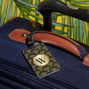 Svarta och Guld Deco Fläkt Monogrammed Bagagebricka