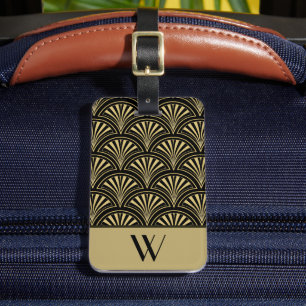 Svarta och Guld Deco Fläkt Monogrammed Bagagebricka