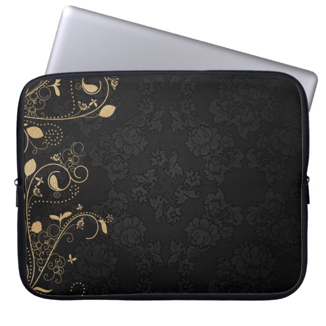 Svarta och Guld dekorativa Mönster Laptop Fodral (Framsidan)
