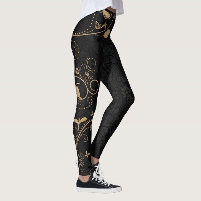 Svarta och Guld dekorativa Mönster Leggings (Höger)