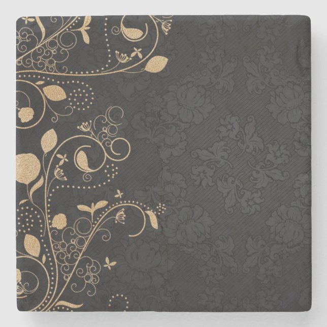 Svarta och Guld dekorativa Mönster Stenunderlägg (Framsidan)