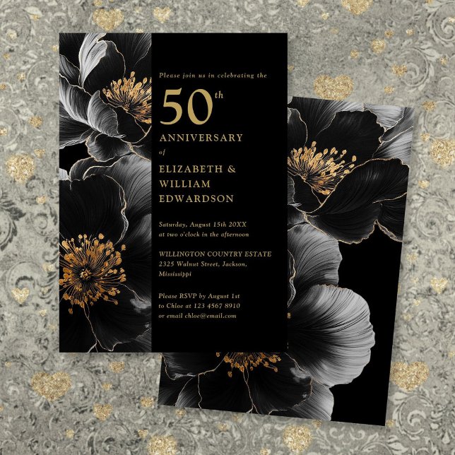Svarta och Guld Elegant Blommigt 50-årsjubileum Inbjudningar (Black And Gold Elegant Floral 50th Anniversary Invitation)