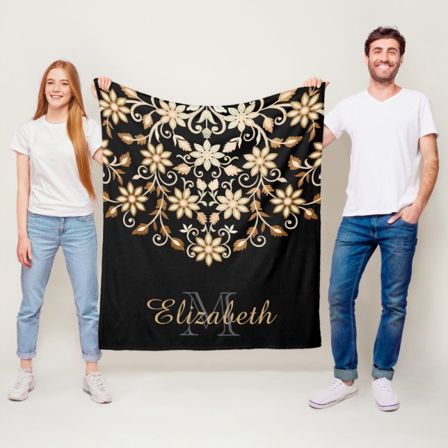 Svarta och Guld Elegant Blommigt Fleecefilt (På plats)