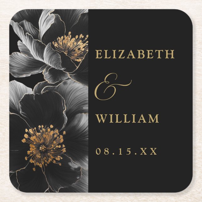 Svarta och Guld Elegant Modern Blommigt Bröllop Underlägg Papper Kvadrat (Framsidan)
