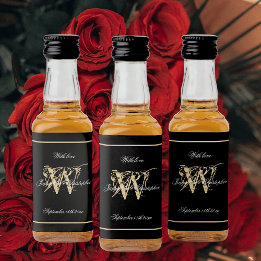 Svarta och Guld Elegant Monogram Chic Bröllop Mini Spritflaskor Etikett