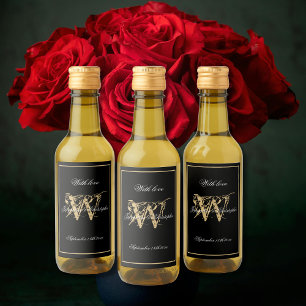 Svarta och Guld Elegant Monogram Chic Mini Bröllop Vinetikett