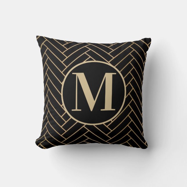 Svarta och Guld Elegant Monogram Dekorativ kudde (Framsida)