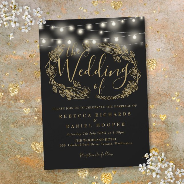 Svarta Och Guld Färg Sträng Ljus Script Bröllop Inbjudningar (Black And Gold String Lights Script Wedding Invitation)