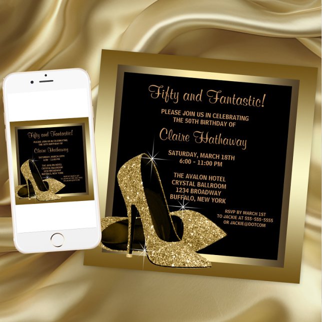 Svarta och guld Färgade Höga Klackar Kvinnas 50-år Inbjudningar (Black Gold High Heels Any Number Birthday Invitation. Download and printed invitations available.)