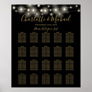 Svarta och guld färgade lampor bröllops sittplatsk poster