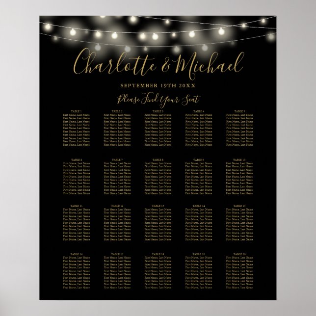 Svarta och guld färgade lampor bröllops sittplatsk poster (Framsidan)