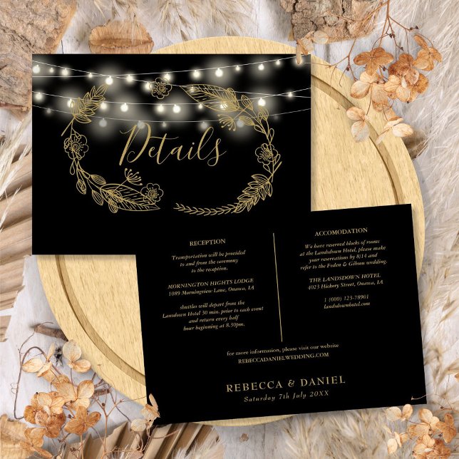 Svarta och guld Färgade Stränglyktor Bröllopsdetal Inbjudningar (Black And Gold String Lights Wedding Details Card)