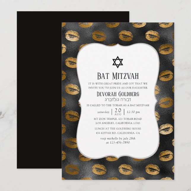 Svarta och Guld Glam Läppar Mönster Bat mitzvah Inbjudningar (Fram/baksida)