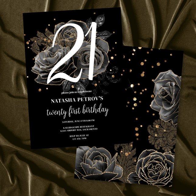 Svarta och Guld Glitter 21:a födelsedagen Party Inbjudningar (Skapare uppladdad)