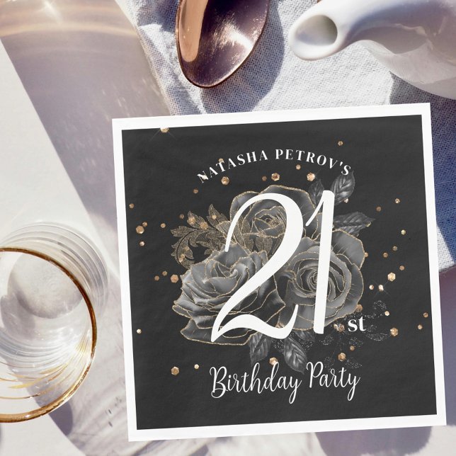 Svarta och Guld Glitter 21:a födelsedagen Party Pappersservett (Skapare uppladdad)