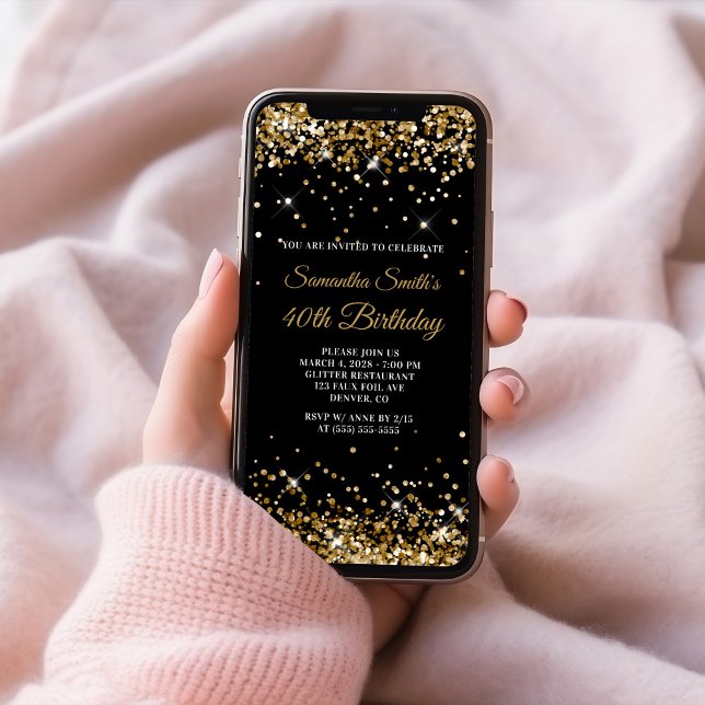 Svarta och Guld Glitter 40:e födelsedagen Inbjudningar (Black and Gold Glitter 40th Birthday Invitation)