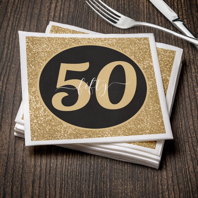Svarta och Guld Glitter 50 femtio år 50:e födelsed Pappersservett (Skapare uppladdad)