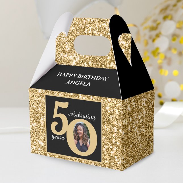 Svarta och Guld Glitter 50 femtio år 50:e födelsed Presentaskar (Black & Gold Glitter 50 Fifty Years 50th Birthday Favor Box)