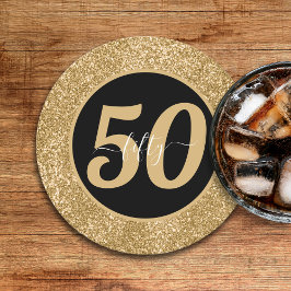 Svarta och Guld Glitter 50 femtio år 50:e födelsed Underlägg Papper Rund