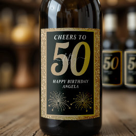 Svarta och Guld Glitter 50 femtio år 50:e födelsed Vinflaska Etikett