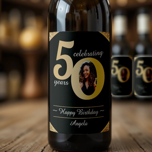 Svarta och Guld Glitter 50 femtio år 50:e födelsed Vinflaska Etikett (Black & Gold Glitter 50 Fifty Years 50th Birthday Wine Label
)