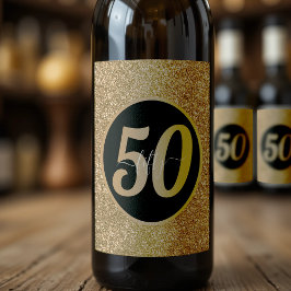 Svarta och Guld Glitter 50 femtio år 50:e födelsed Vinflaska Etikett