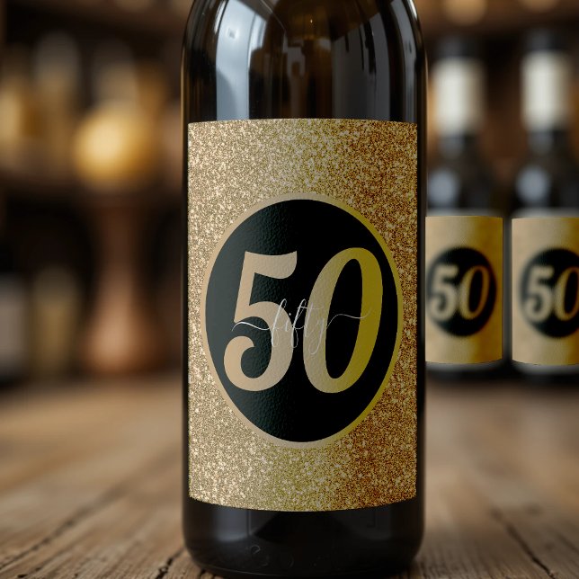 Svarta och Guld Glitter 50 femtio år 50:e födelsed Vinflaska Etikett (Black & Gold Glitter 50 Fifty Years 50th Birthday Wine Label
)
