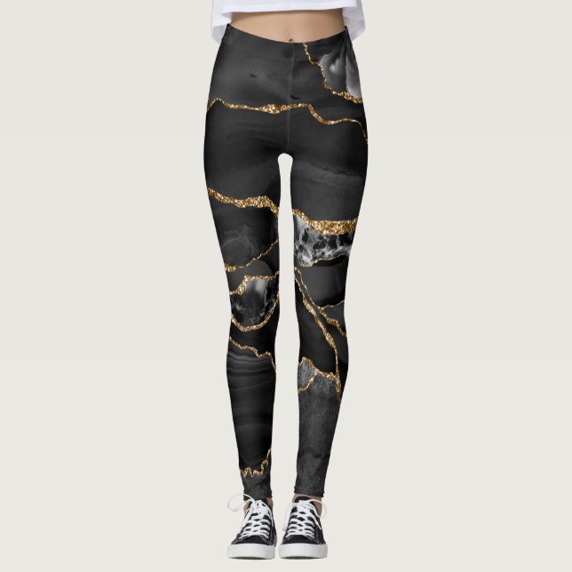 Svarta och Guld Glitter agate Leggings (Framsida)