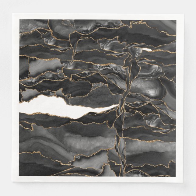 Svarta och Guld Glitter Agate Pappersservett (Framsida)