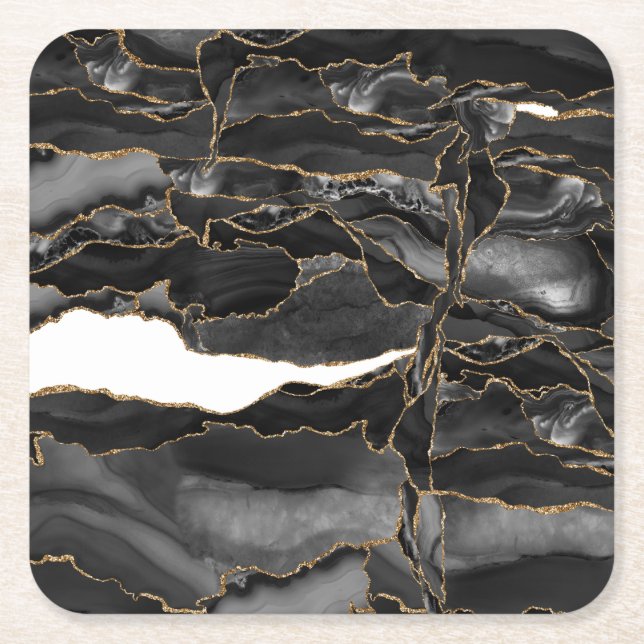 Svarta och Guld Glitter agate Underlägg Papper Kvadrat (Framsidan)