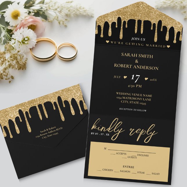 Svarta och Guld Glitter-drivrutin Bröllop (Black & Gold Glitter Drip Wedding All In One Invitation)
