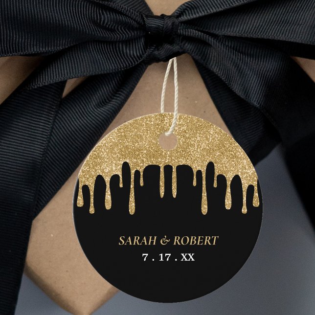 Svarta och Guld Glitter-drivrutin Bröllop Gåvor Etiketter (Black & Gold Glitter Drip Wedding Favor Tags)