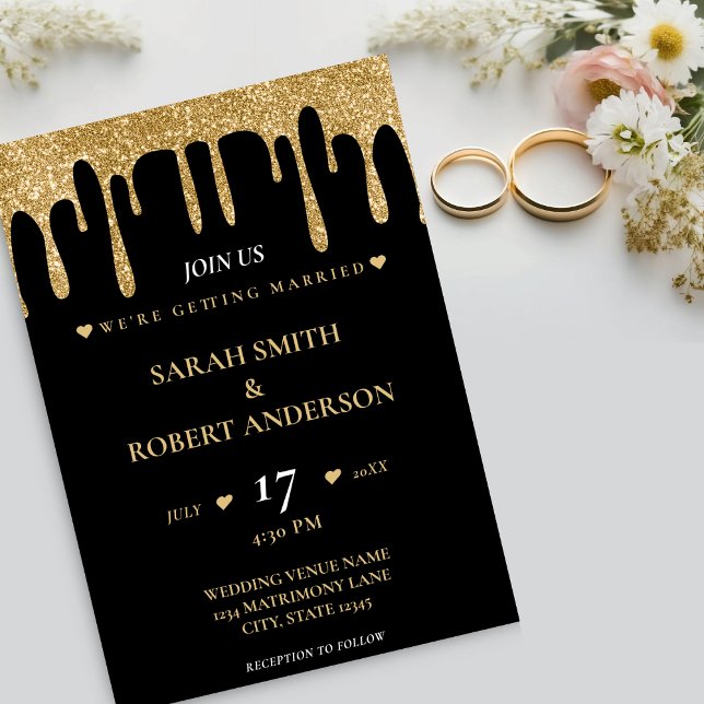Svarta och Guld Glitter-drivrutin Bröllop Inbjudningar (Black & Gold Glitter Drip Wedding Invitation)