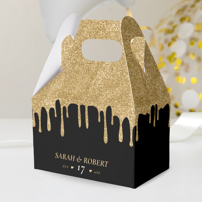 Svarta och Guld Glitter-drivrutin Bröllop Presentaskar (Black & Gold Glitter Drip Wedding Favor Box)