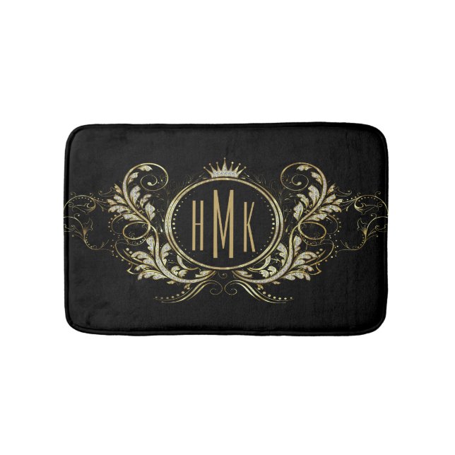 Svarta och Guld Glitter Girly Blommigt Ram Badrumsmatta (Framsidan)