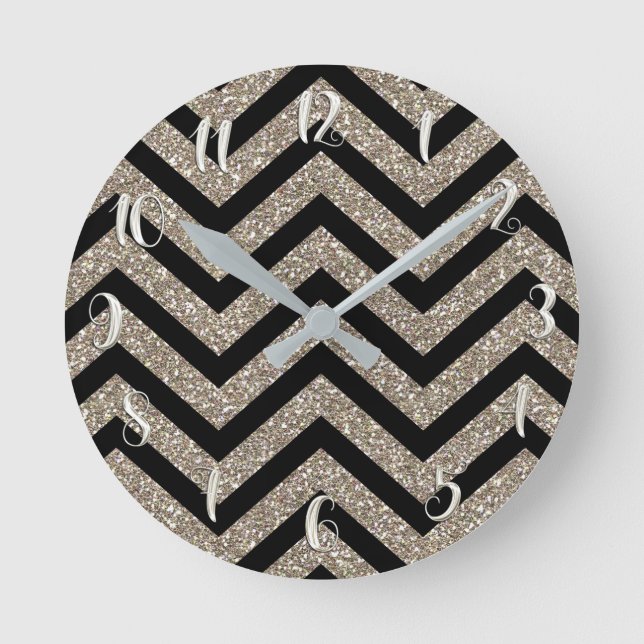 Svarta och Guld Glitter Girly Glam Glamor Chevron Rund Klocka (Framsida)