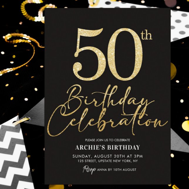 Svarta och Guld Glitter i Elegant 50 Födelsedagsfe Inbjudningar (50th birthday invitation black and gold glitter template)