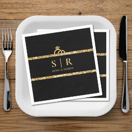 Svarta och Guld Glitter Monogram - första Bröllop Pappersservett