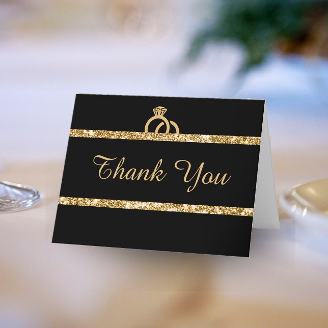 Svarta och Guld Glitter Monogram - första Bröllop Tack Kort (Black & Gold Glitter Monogram Initial Wedding Thank You Card)