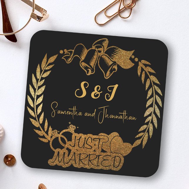 Svarta och Guld Glitter Monogram Ny gifta Underlägg Papper Kvadrat (Skapare uppladdad)