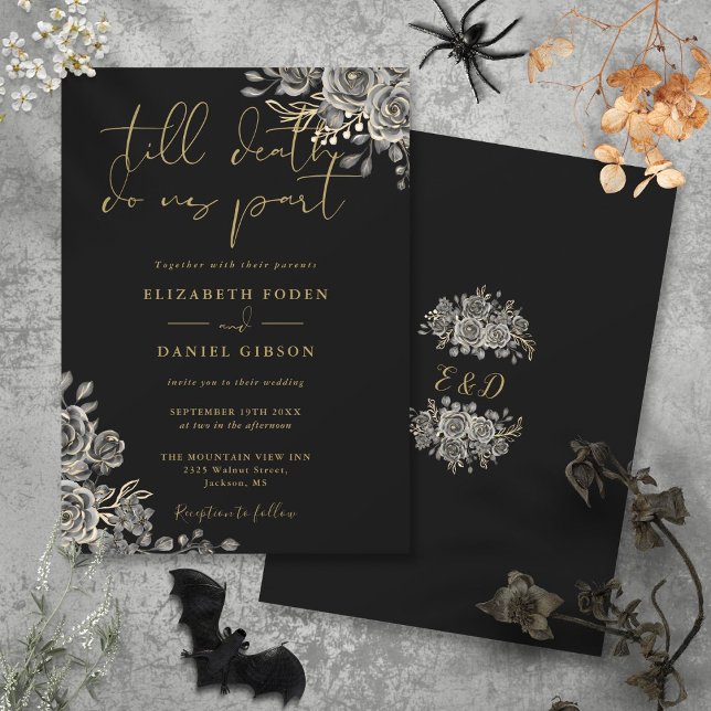Svarta och Guld gotiska Ro Blommigt Bröllop Inbjudningar (Black And Gold Gothic Roses Floral Wedding Invitation)