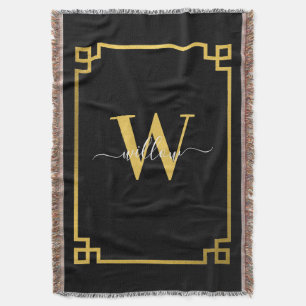 Svarta och Guld grekiska Nyckel, monogrammat Throw Filt