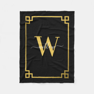Svarta och Guld grekiska Nyckel Monogramme Fleecefilt