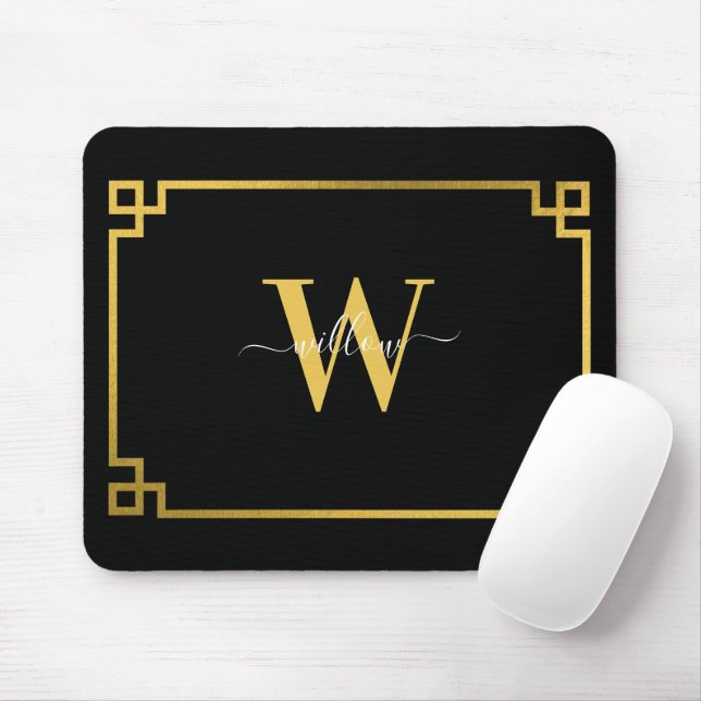 Svarta och Guld grekiska Nyckel Monogramme Musmatta (Med mus)