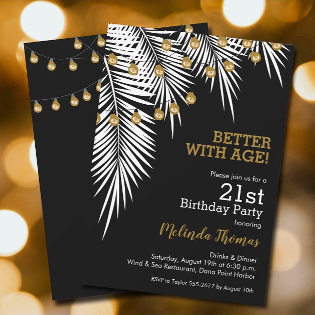 Svarta och Guld Handflatan Födelsedagsfest Inbjudningar (White Palms and string lights on black 21st birthday  invitations, PRINTED and/or INSTANT DOWNLOAD)